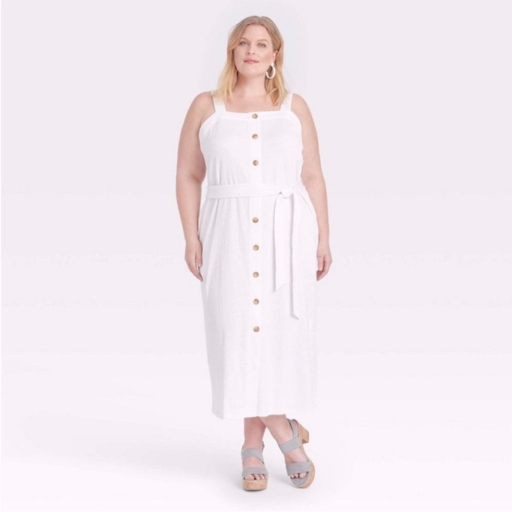 NEW Ava & Viv Dress X (14W) White Button-Down Midi Beach Gauze Sleeveless